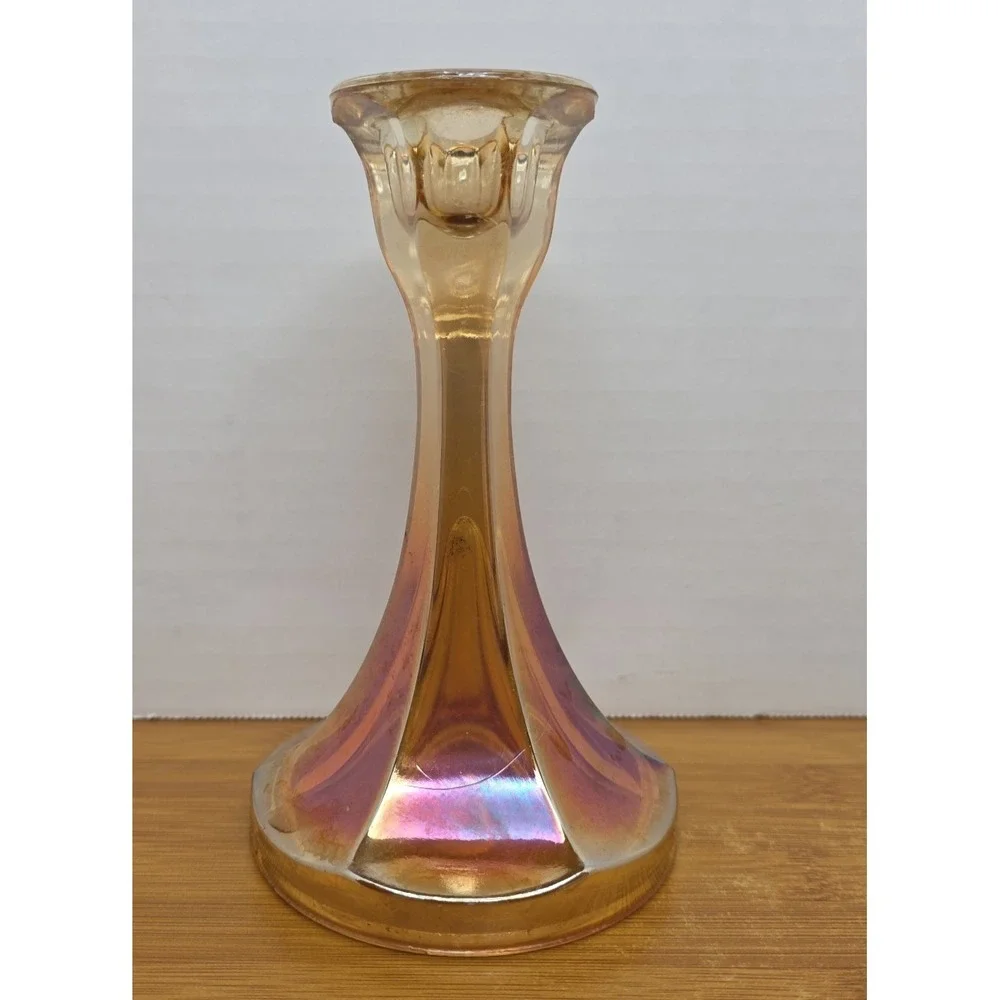 Vintage Marigold Carnival Glass Candle Holder Candlestick Decorative Iridescent